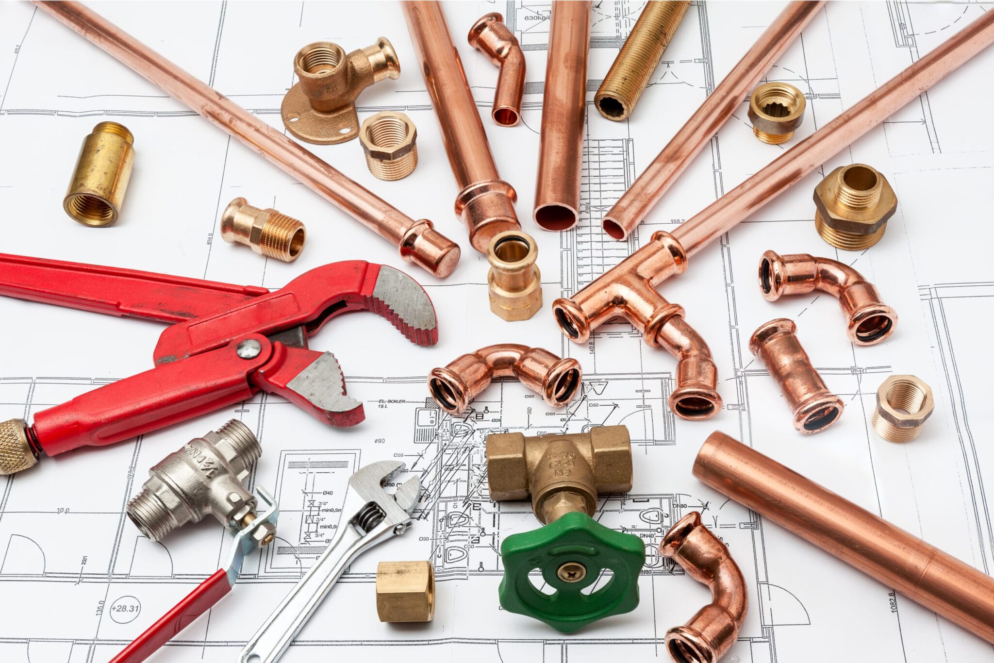 Copper pipes, fittings, valves, and plumbing tools in York
