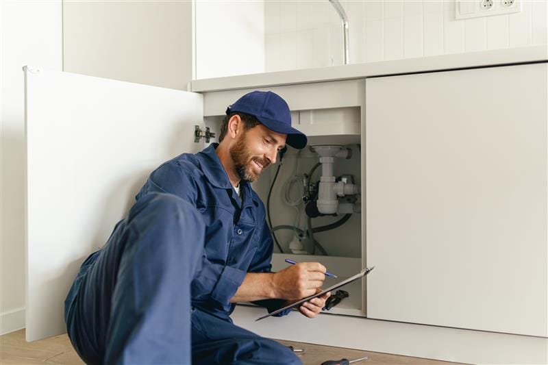 Residential plumber reviewing plumbing repairs in a York kitchen